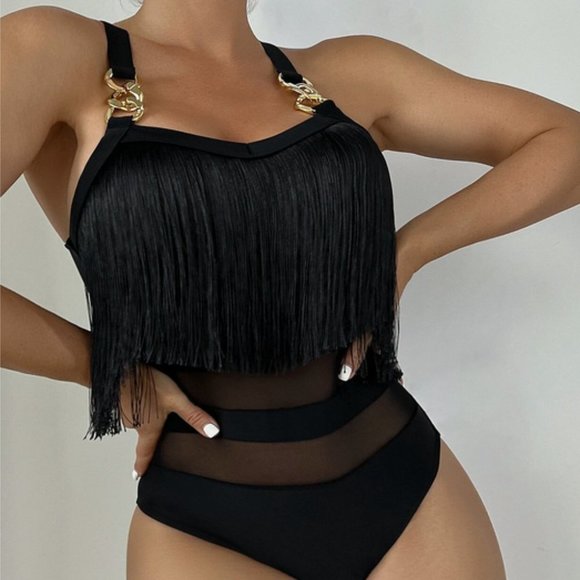 black Fringe with mesh detailed One Piece Swimsuit - Picture 1 of 7